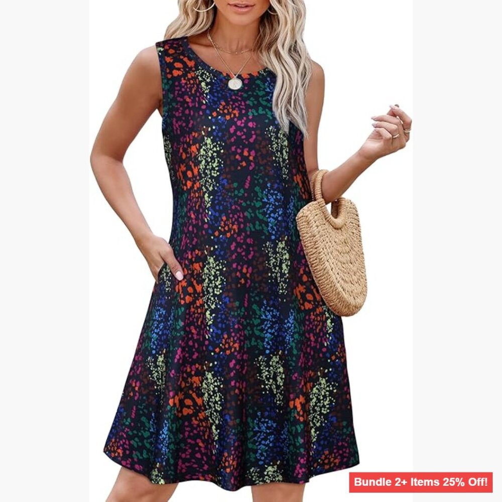 Floral A-Line Sundress with Pockets, Loose Fit, Sleeveless Tank Dress